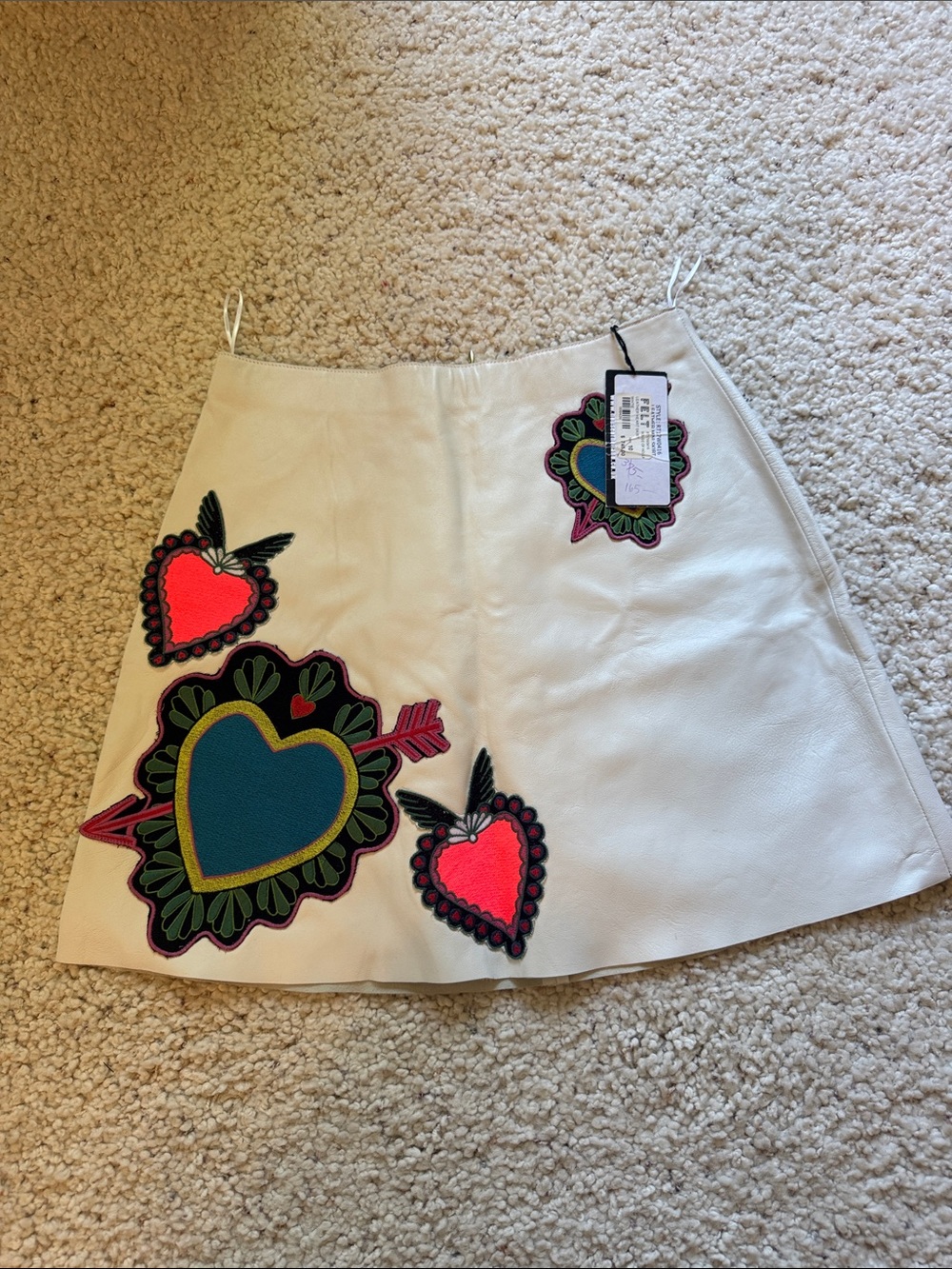 House of Holland 100% leather A-Line Skirt with Teal/Neon Pink Heart Appliqués